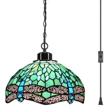 Werfactory® Tiffany Pendant Light 12 Inch Blue Stained Glass Dragonfly Hanging Lamp